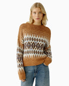 Front view of Oui jacquard pullover in camel and off-white with Norwegian knit pattern