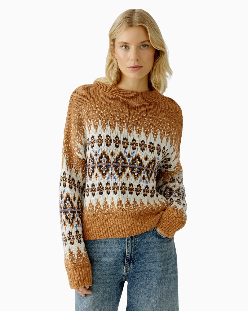 Front view of Oui jacquard pullover in camel and off-white with Norwegian knit pattern
