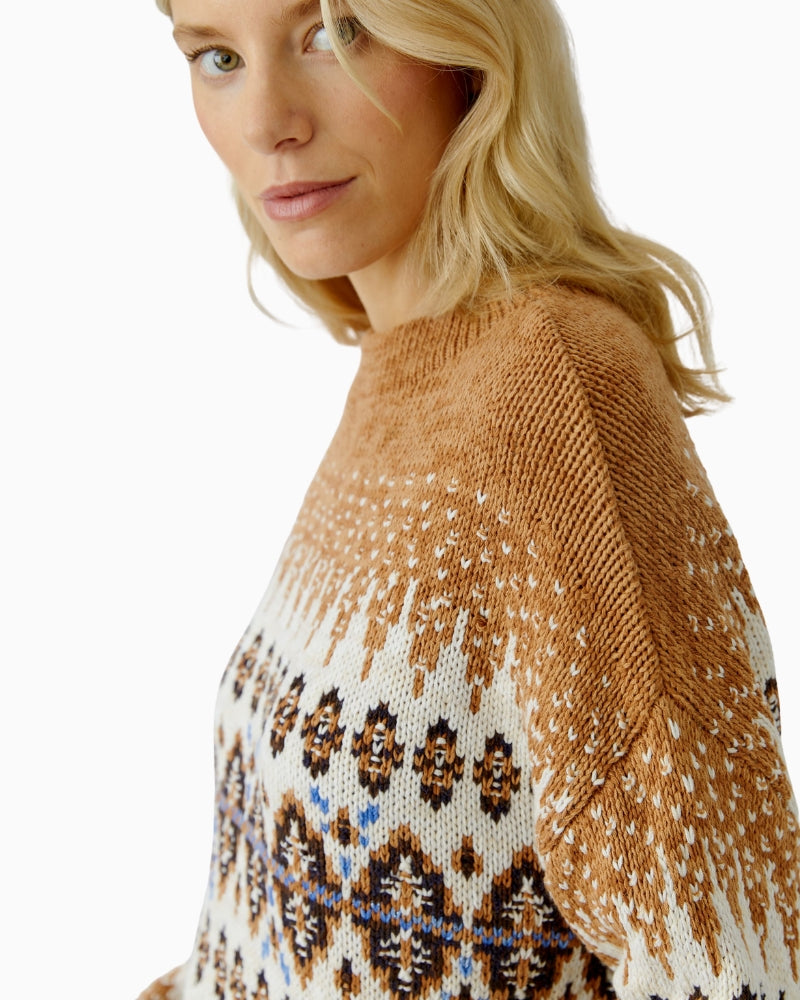 Close-up of jacquard Norwegian knit pattern with subtle glitter yarn detail