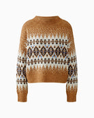 Flat lay front view of Oui jacquard pullover in camel and off-white with Norwegian knit pattern