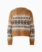 Flat lay back view of Oui camel jacquard pullover showing ribbed hem and long sleeves