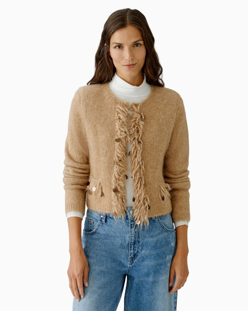 Oui knit jacket in beige alpaca blend with cropped cut and fringe trim