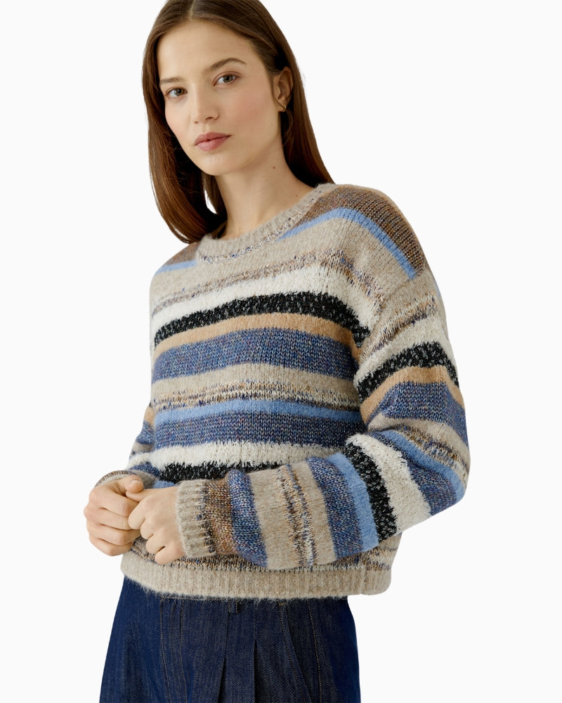 Oui Knit Sweater in Beige/Blue angled view
