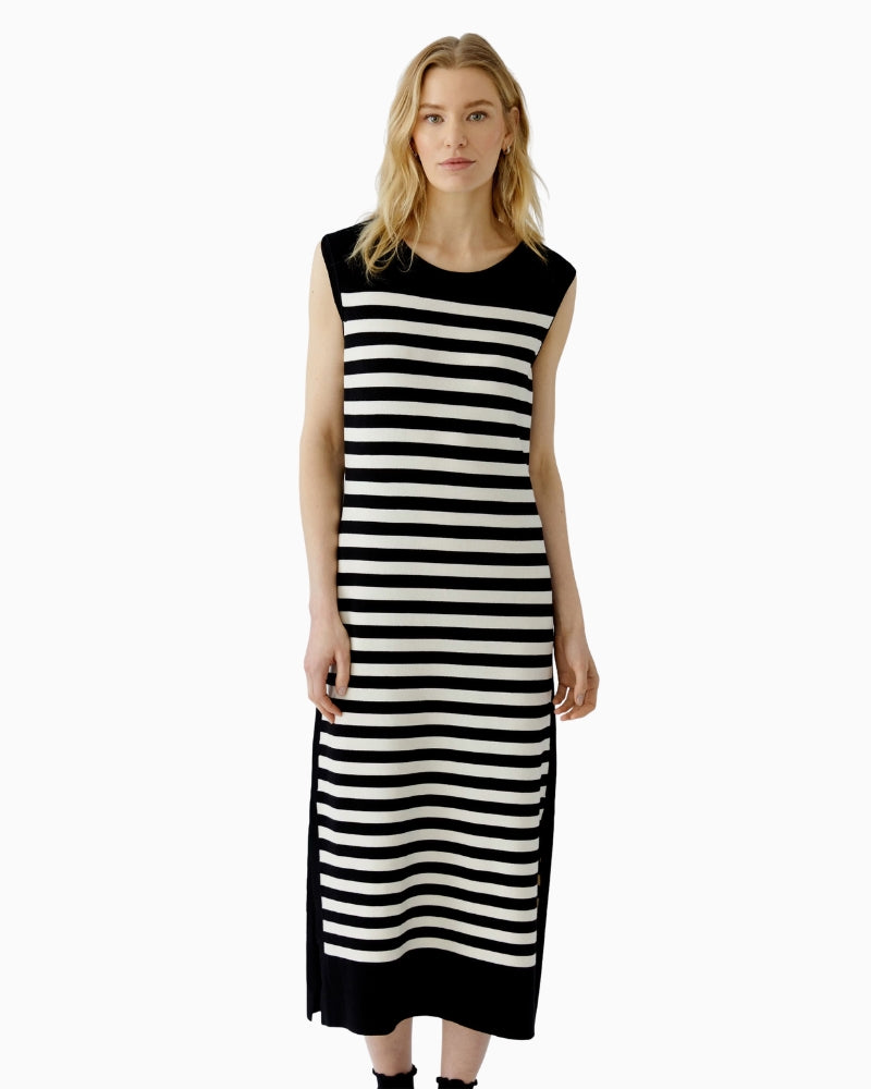 Oui Knitted Midi Dress in Black Stripe angled front view