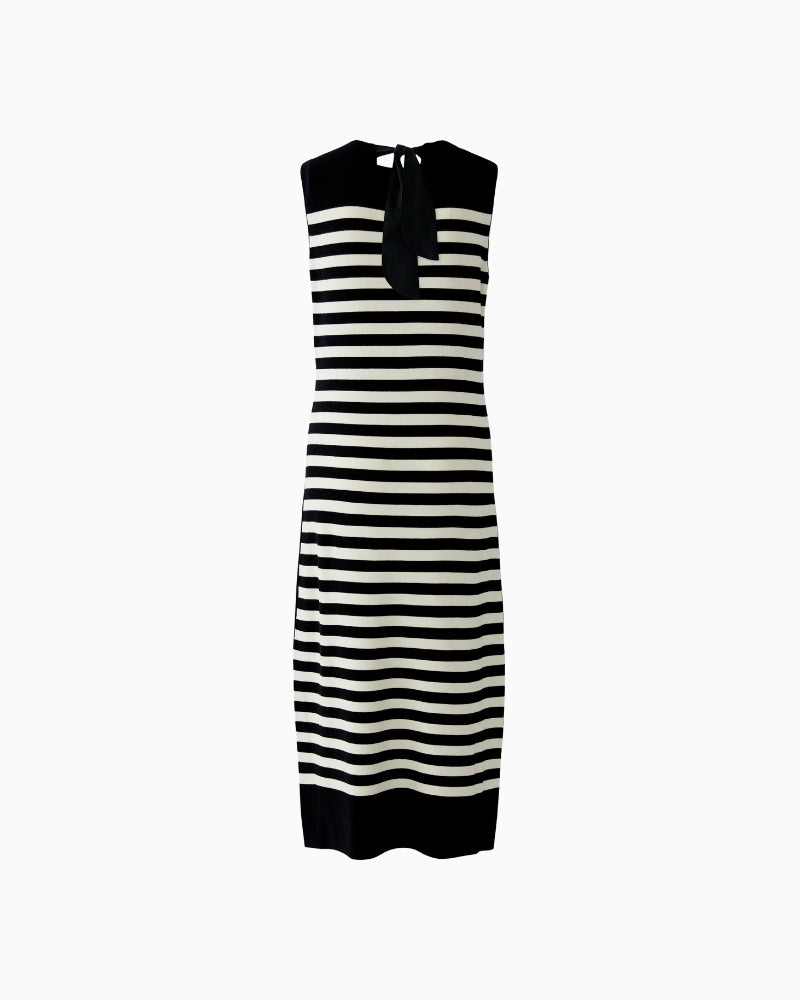 Oui Knitted Midi Dress in Black Stripe bow back detail