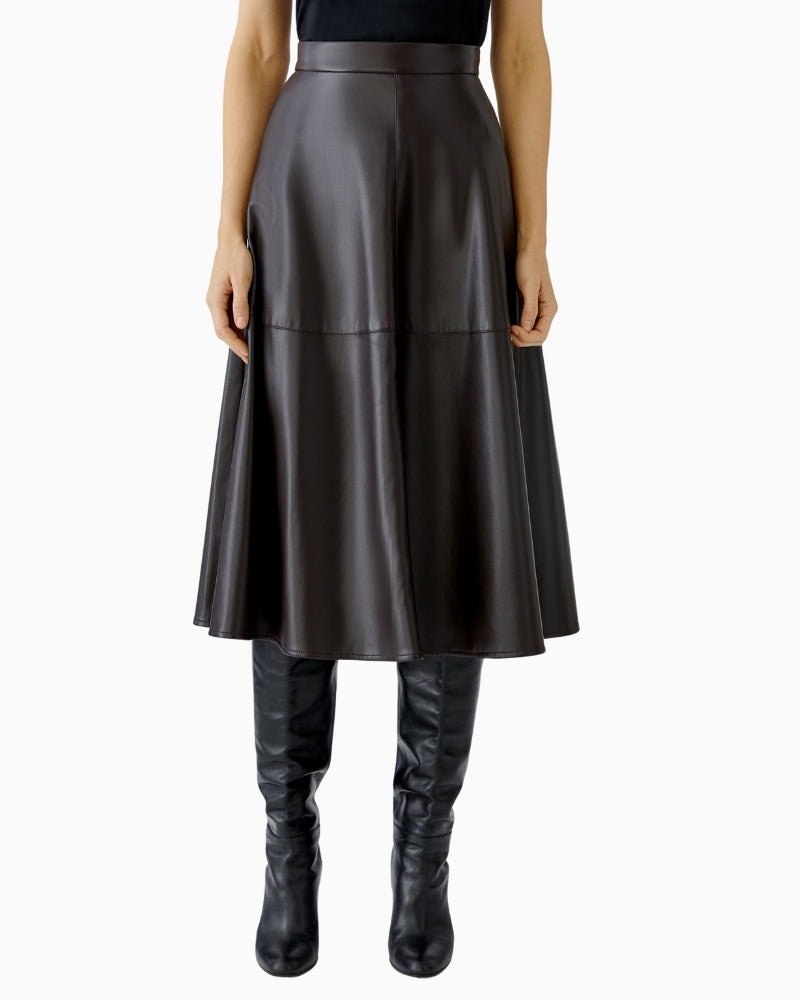 Front view of dark brown A-line faux leather midi skirt by Oui