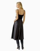 Back view of dark brown Oui A-line skirt showing waistband and seam zipper