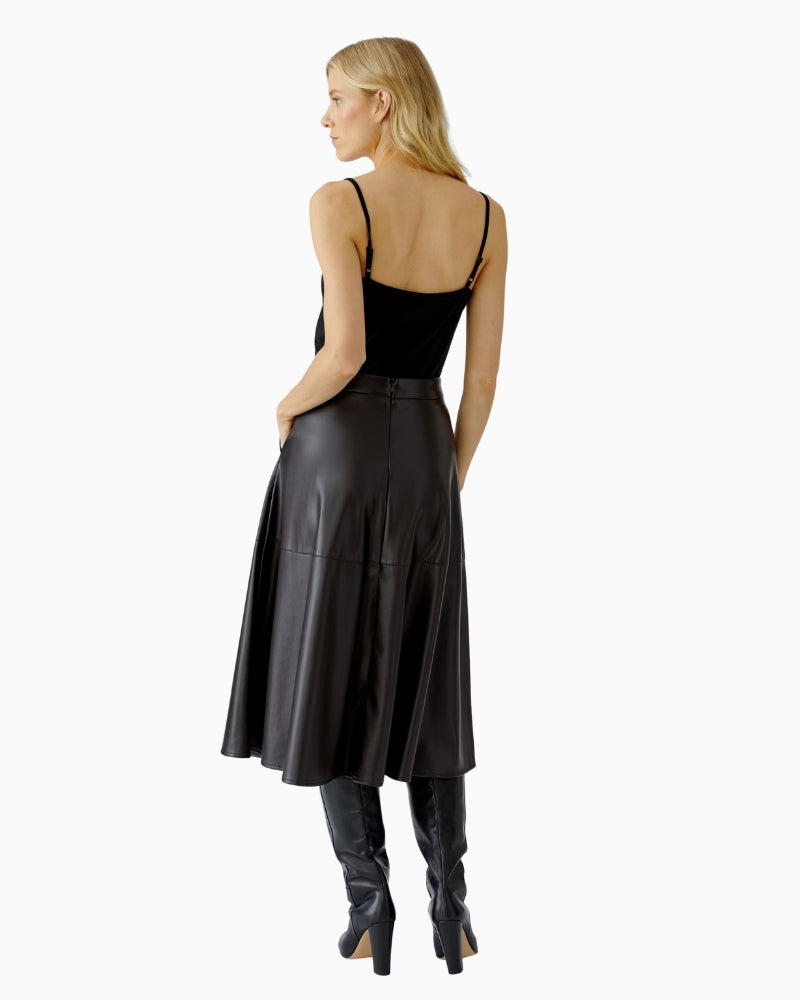 Back view of dark brown Oui A-line skirt showing waistband and seam zipper