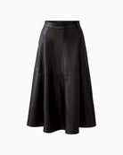 Flat lay front view of dark brown leather-look A-line midi skirt with pockets
