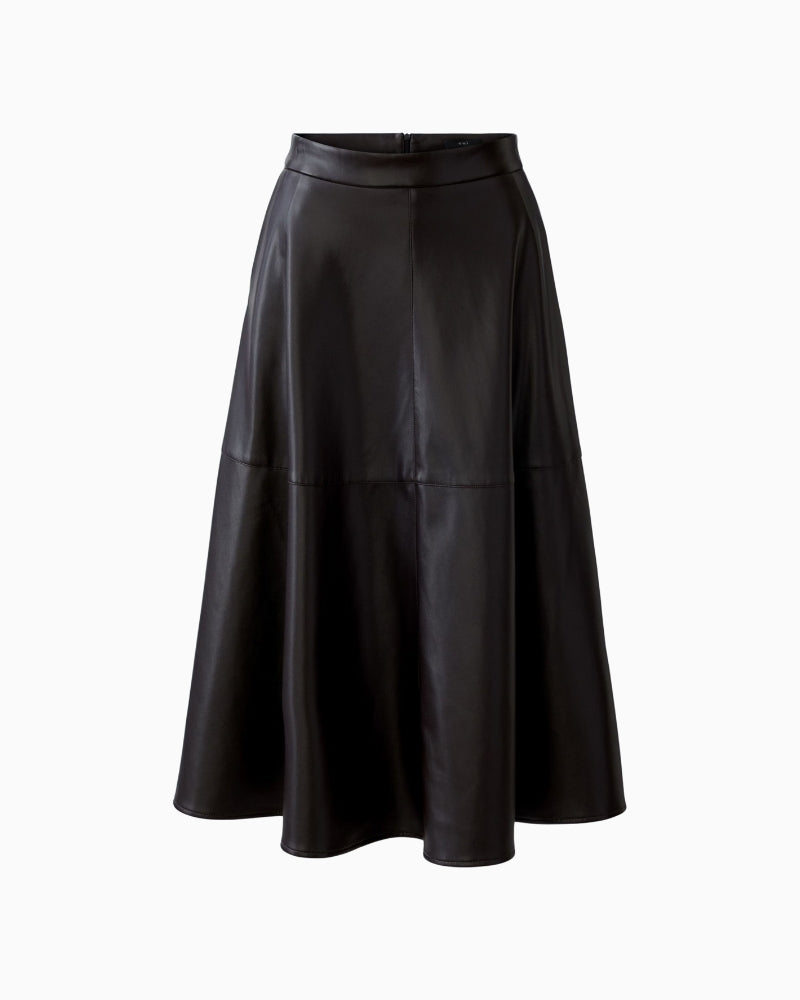 Flat lay front view of dark brown leather-look A-line midi skirt with pockets
