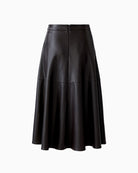 Flat lay back view of dark brown faux leather skirt with decorative stitching