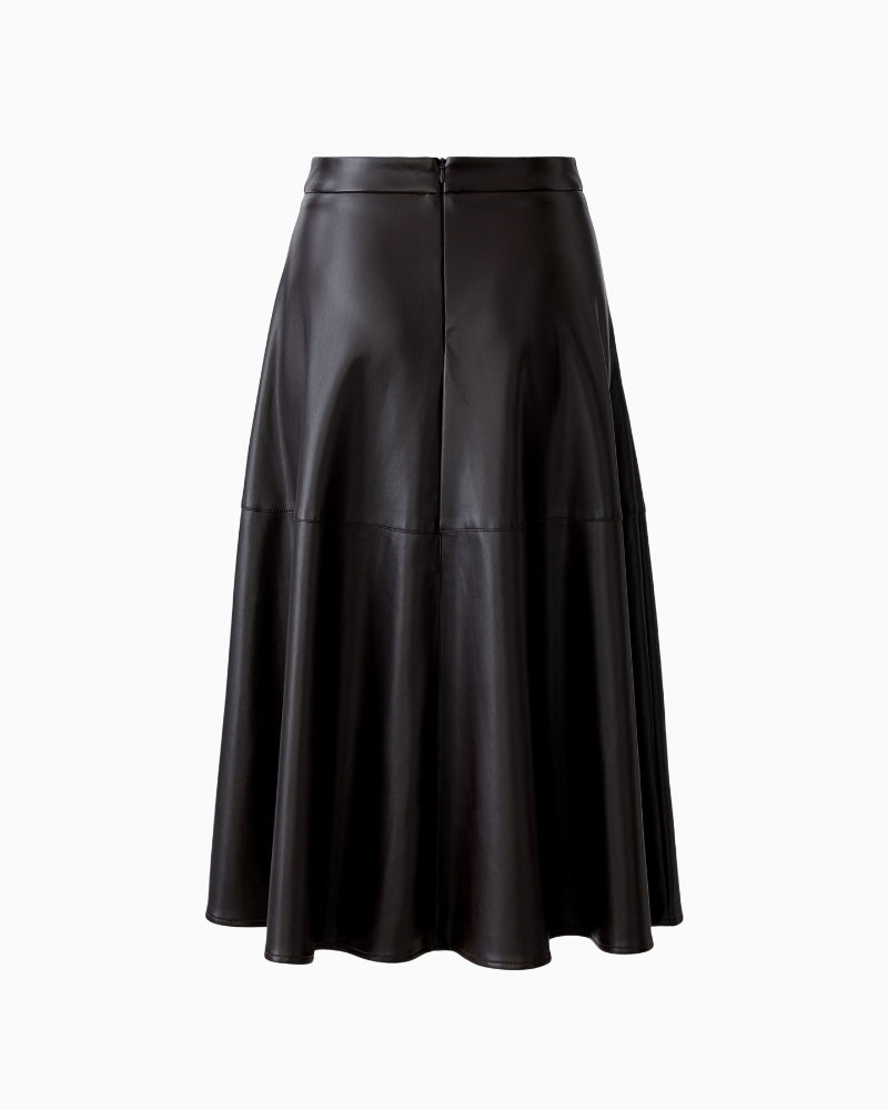 Flat lay back view of dark brown faux leather skirt with decorative stitching