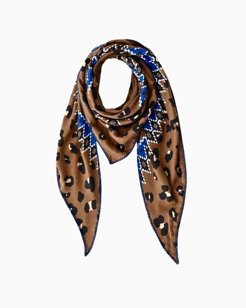 Oui Leo scarf in camel with animal print and blue border