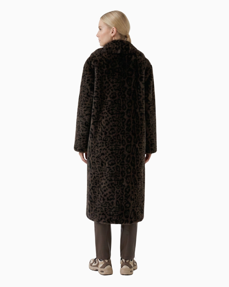 Oui Leopard Faux Fur Coat in dark brown leopard back view