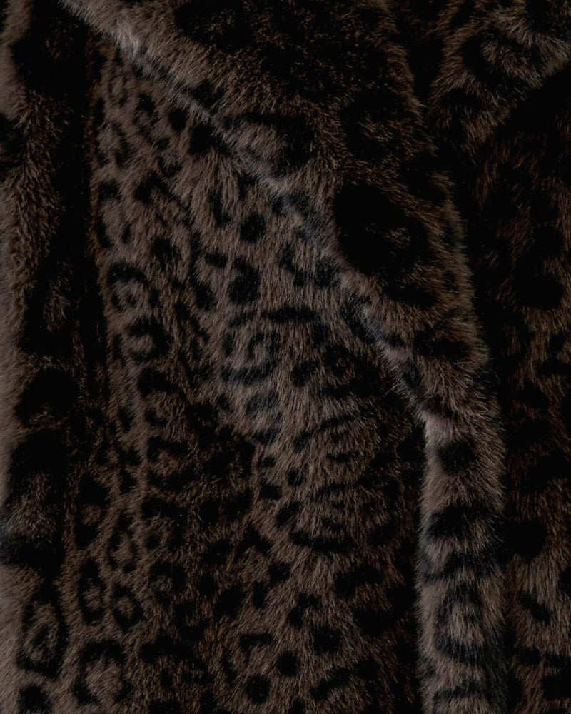 Oui Leopard Faux Fur Coat in dark brown leopard faux fur texture detail