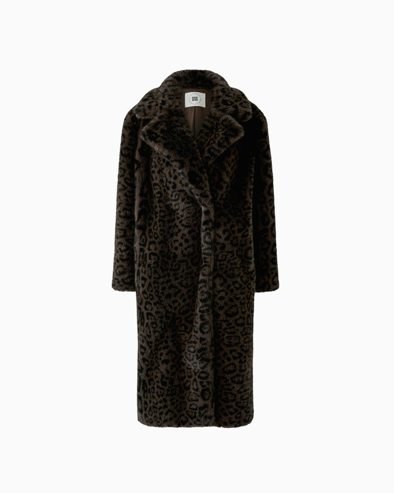 Oui Leopard Faux Fur Coat in dark brown leopard front product image