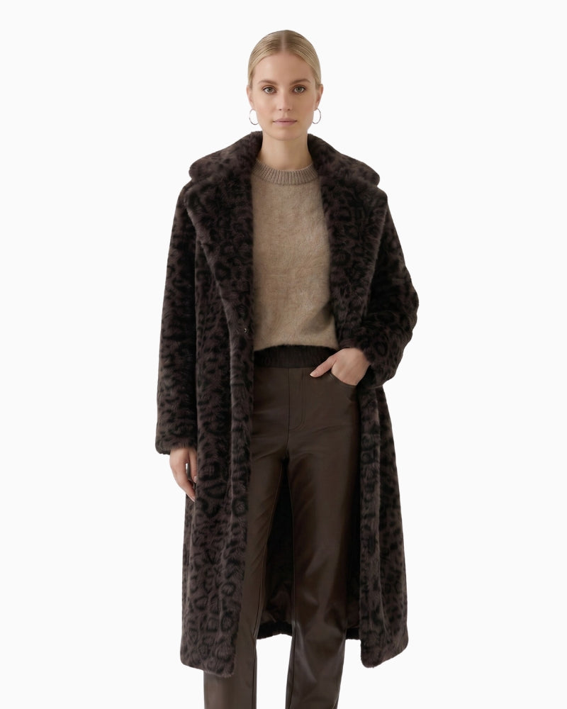 Oui Leopard Faux Fur Coat in dark brown leopard front view
