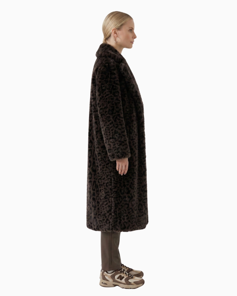 Oui Leopard Faux Fur Coat in dark brown leopard side profile