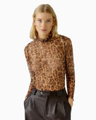 Oui leopard mesh shirt with smocked collar and long sleeves