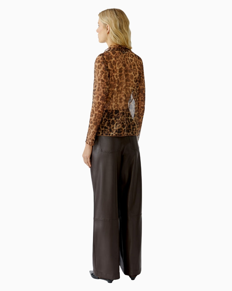 Back view of leopard print mesh top with straight cut and sheer fabric