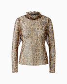 Front flat lay of Oui leopard print mesh shirt with smocked neckline