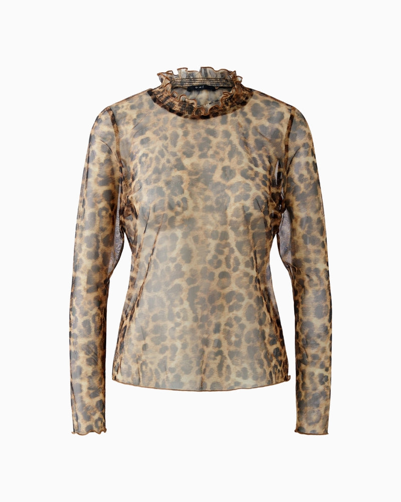 Front flat lay of Oui leopard print mesh shirt with smocked neckline