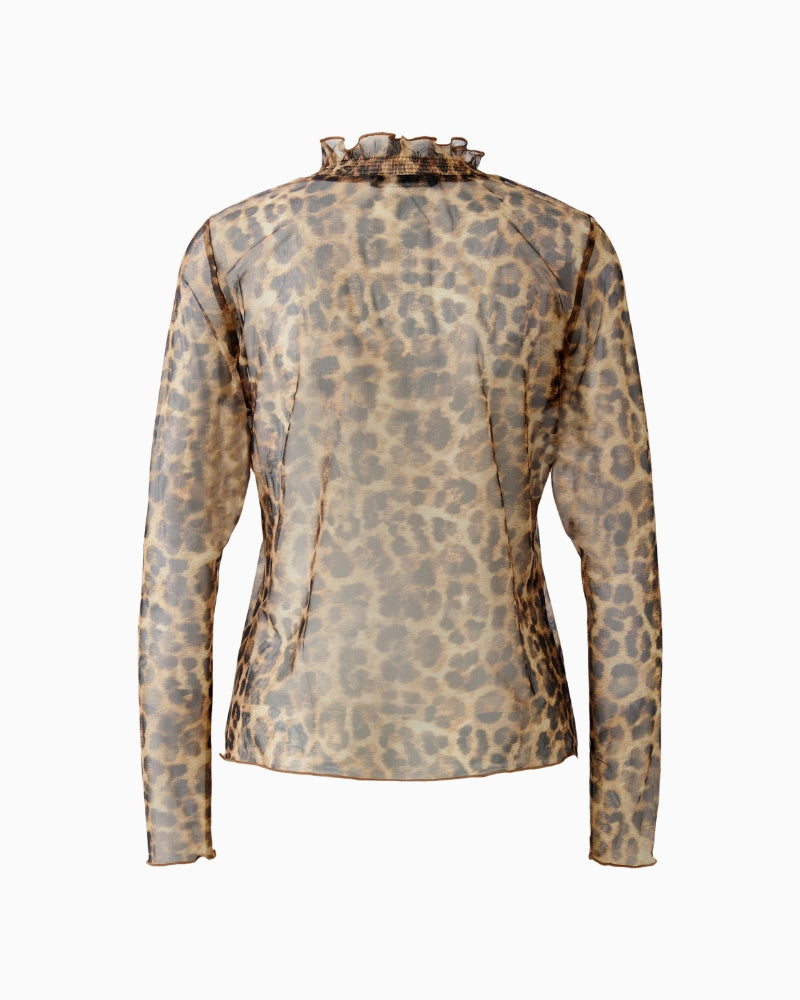 Back flat lay of Oui leopard print mesh long-sleeve shirt