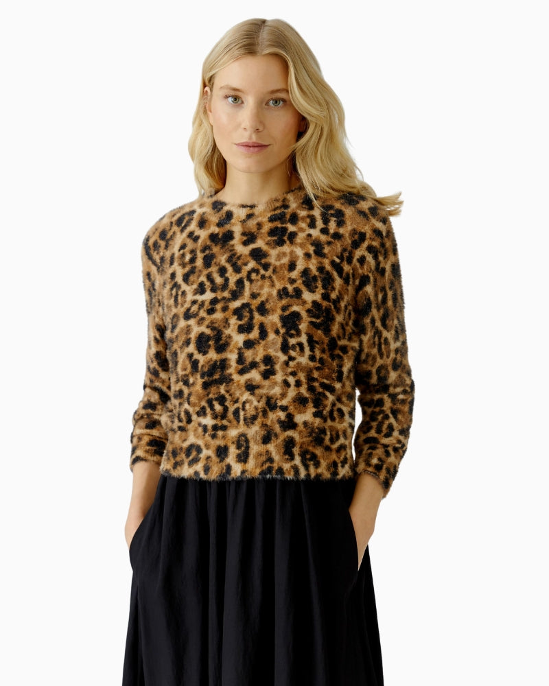 Front view wearing Oui cropped leopard pullover