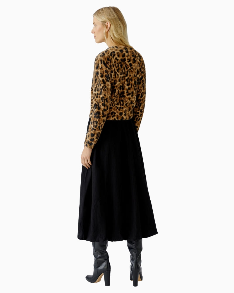 Model back view of Oui camel grey leopard knit styled casually