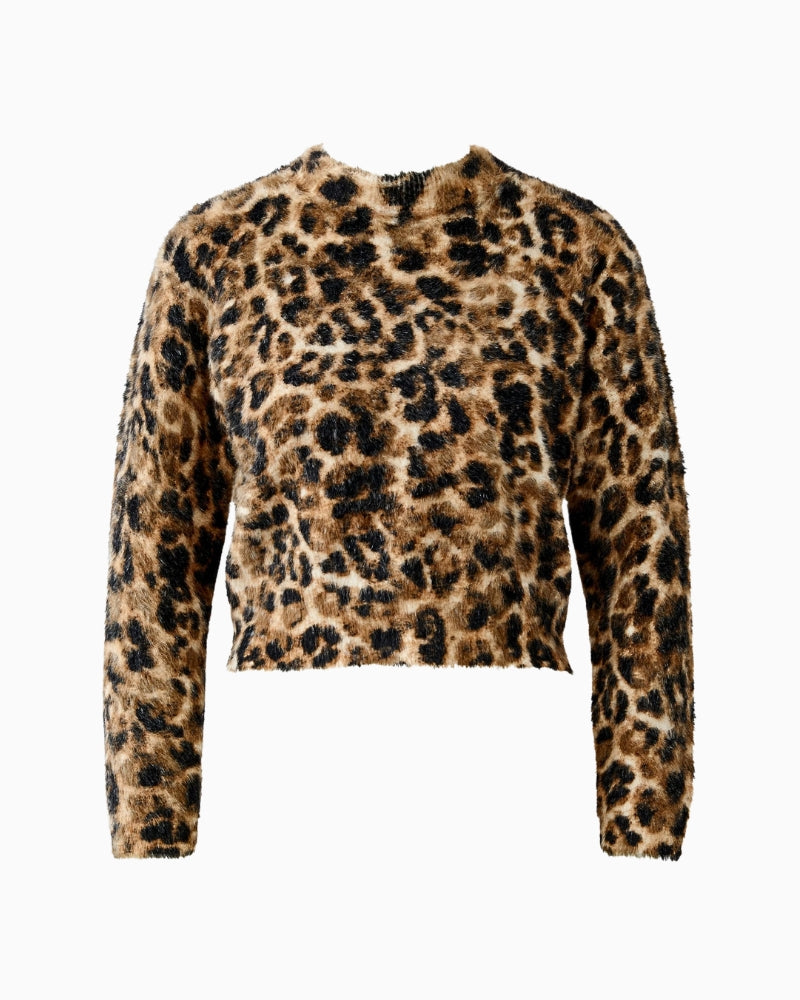 Flat lay front view of Oui leopard pullover in camel and grey with cropped cut