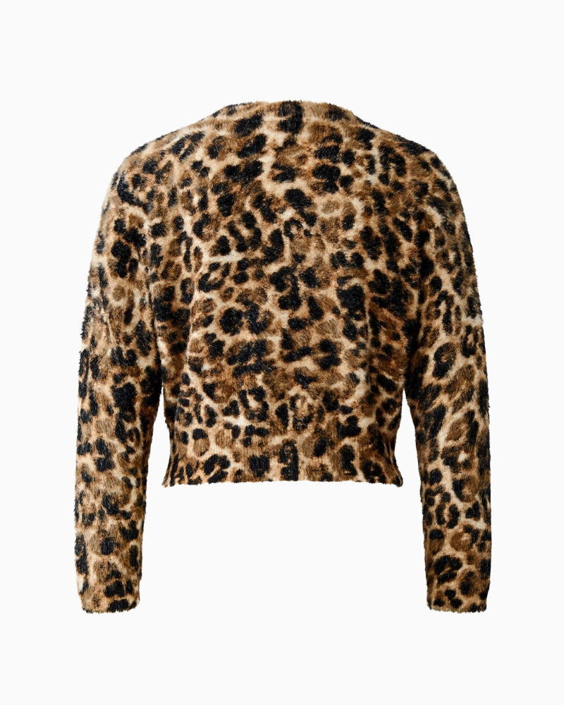 Flat lay back view of Oui leopard print sweater showing ribbed cuffs and hem