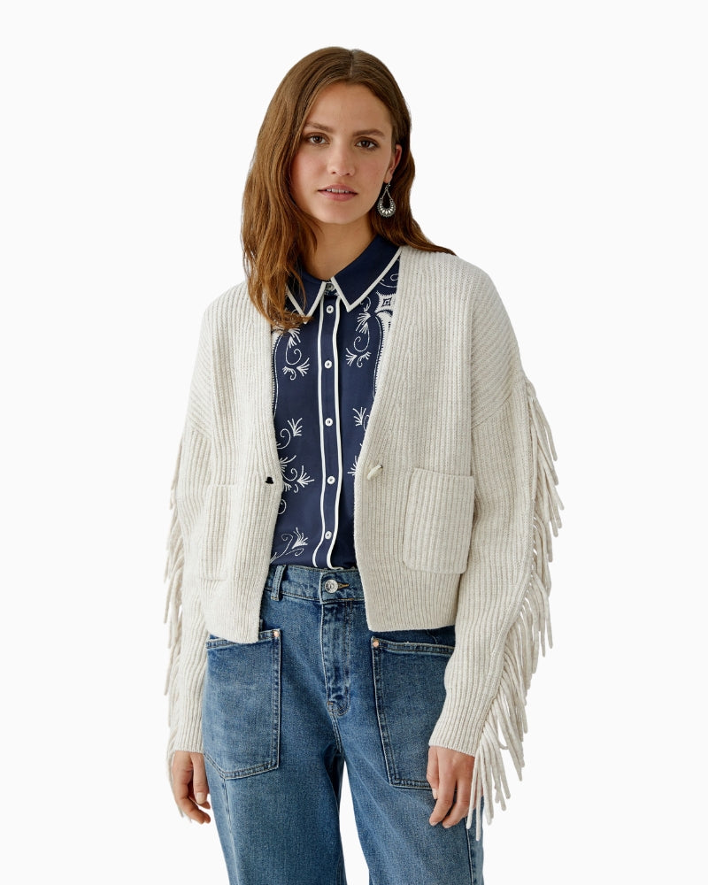 Oui cropped beige cardigan in rib-knit cotton blend with fringe sleeve detail