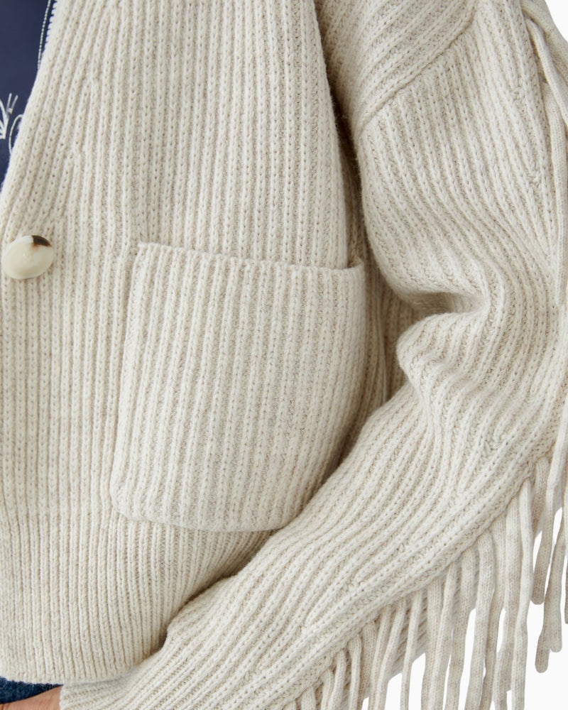 Close-up of ribbed texture and single front button