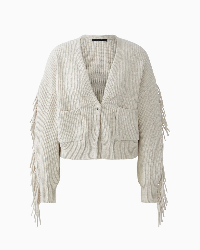 Front view showing V-neckline, one-button closure, and two patch pockets