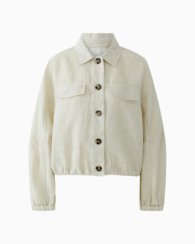 Oui Linen Blouson Jacket in Biscuit front view