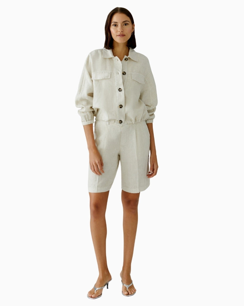 Oui Linen Blouson Jacket in Biscuit full outfit view