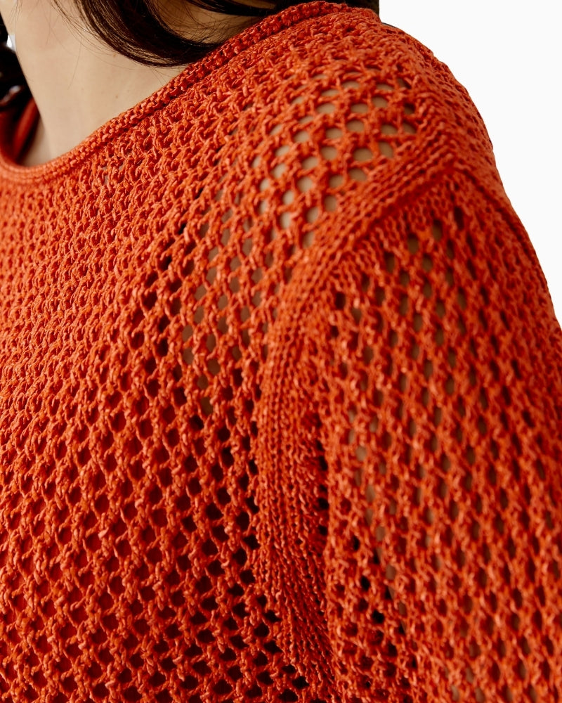 Oui Open Knit Pullover in Burnt Tangerine knit texture detail