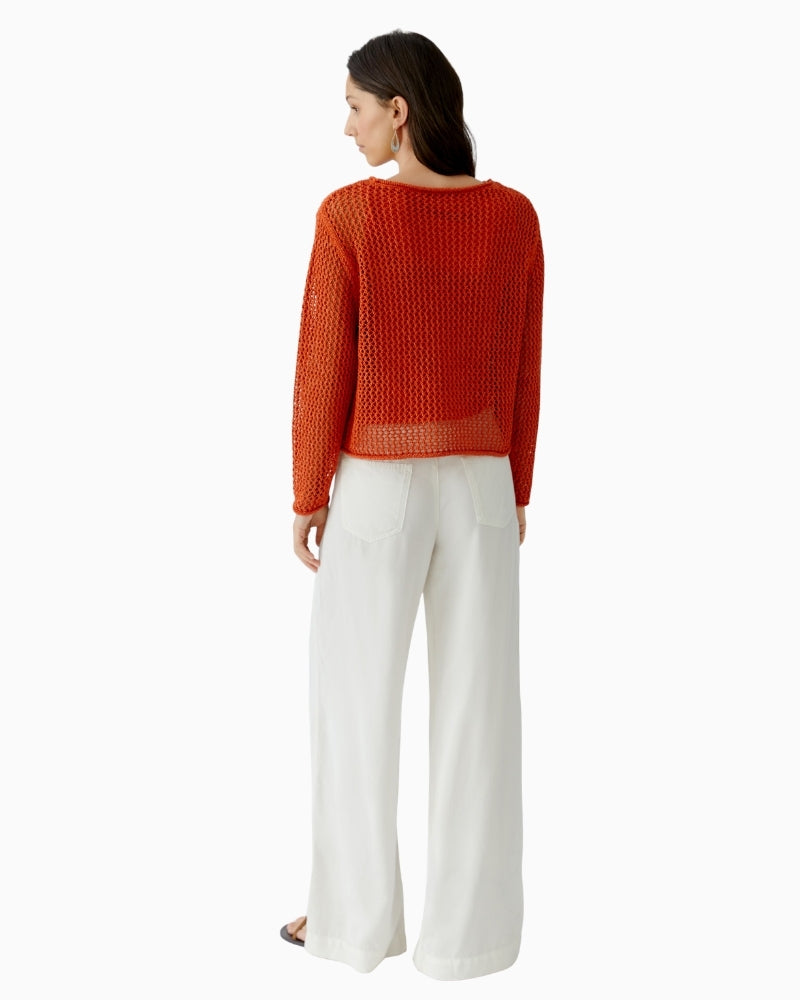 Oui Open Knit Pullover in Burnt Tangerine back view
