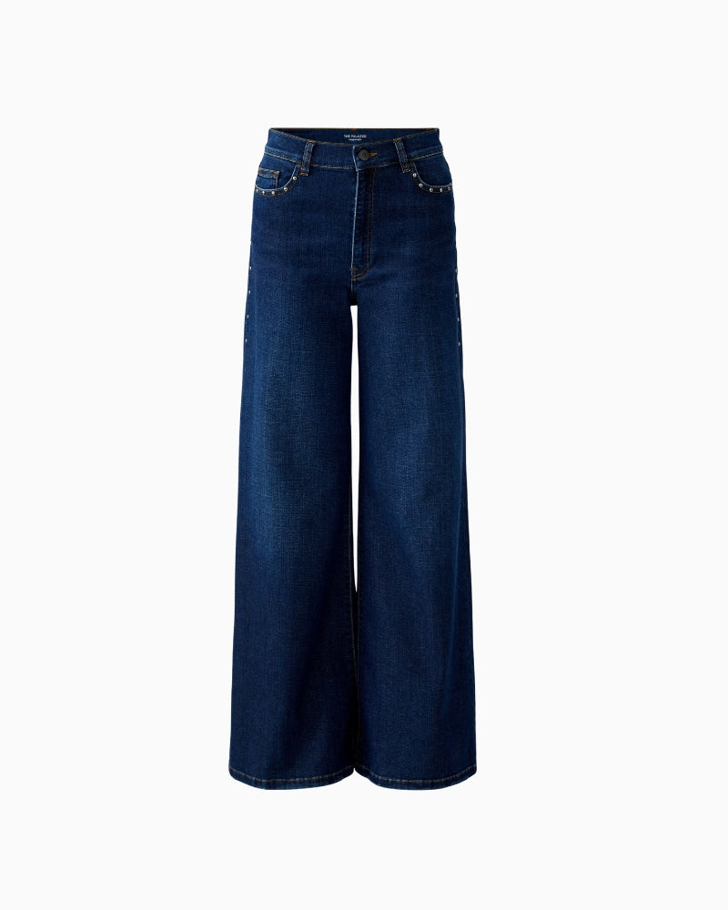 Flat lay front view of Oui high-waisted wide-leg jeans in stretch denim