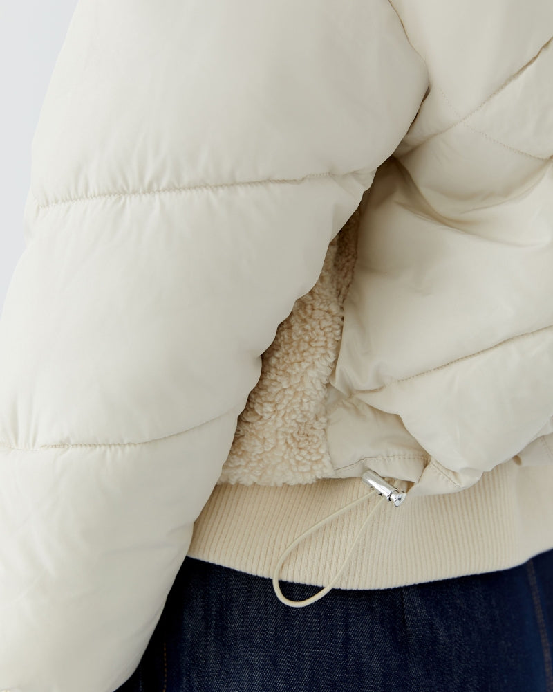 Oui Puffer Jacket in Light Beige side drawcord adjuster detail