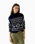 Front view of Oui navy pullover with cream Nordic pattern and short stand-up collar