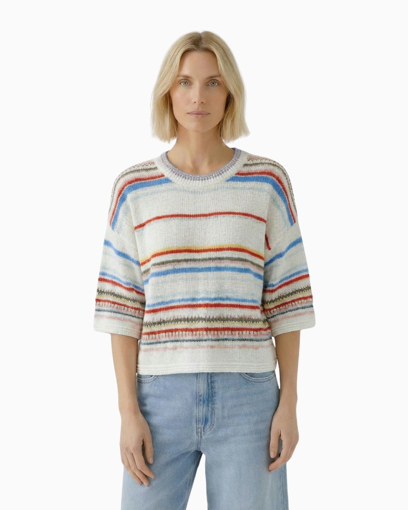 Oui Pullover in White Red sleeve and hem detail