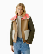 Front view of camel and khaki side of Oui outdoor jacket