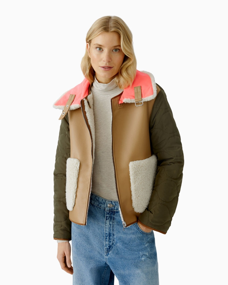 Front view of camel and khaki side of Oui outdoor jacket