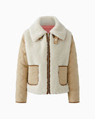 Flat lay front view of ecru and beige reversible side of Oui outdoor jacket