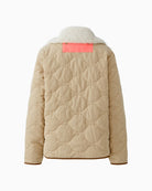 Flat lay back view of ecru and beige side with faux leather trim detail