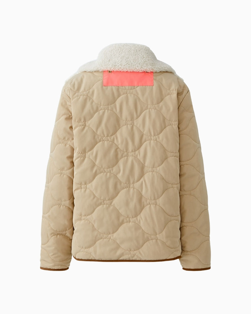 Flat lay back view of ecru and beige side with faux leather trim detail