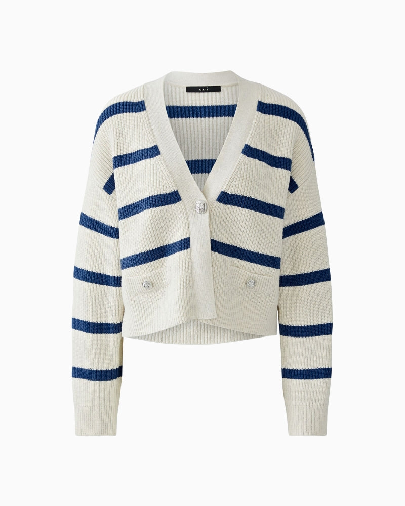 Beige knit cardigan by Oui with open front and textured design