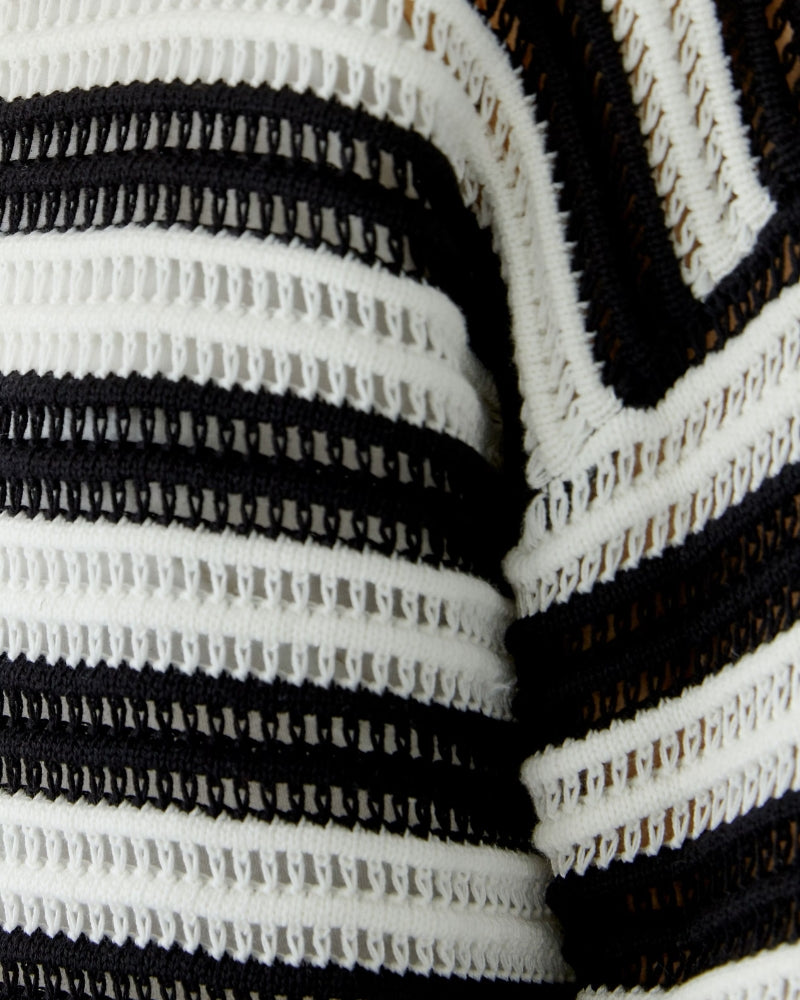 Oui Stripe Jumper in Black White crochet knit detail
