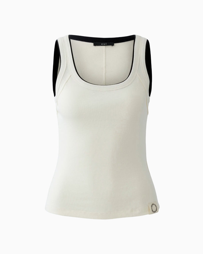 Oui Tank Top in White Black decorative stitching detail